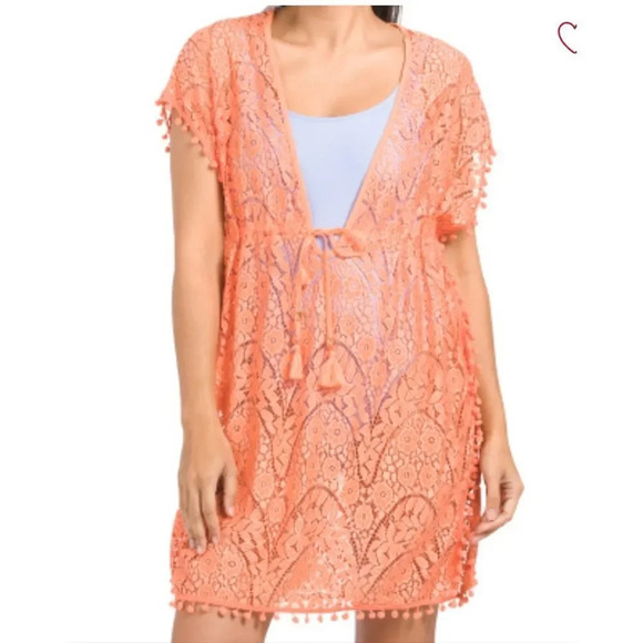 Blue Island Women's Orange Lace Swim bathingsuit Cover-up Kimono Tunic S… - Picture 7 of 10